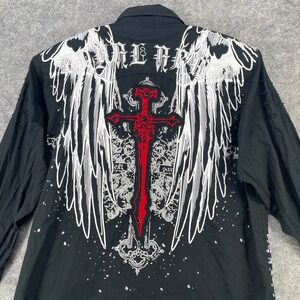 Royal Army Button Down Shirt Men 2XL Black Angel Wings Cross Gothic Distressed